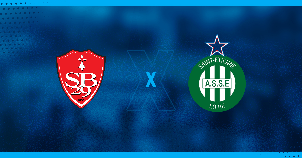 Escudos de Brest e St. Etienne, que se enfrentam hoje pela Ligue 1.