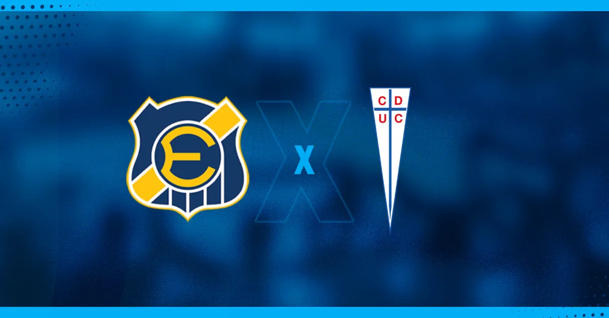 Escudos do Everton e Universidad Católica que jogam pelo Campeonato Chileno.