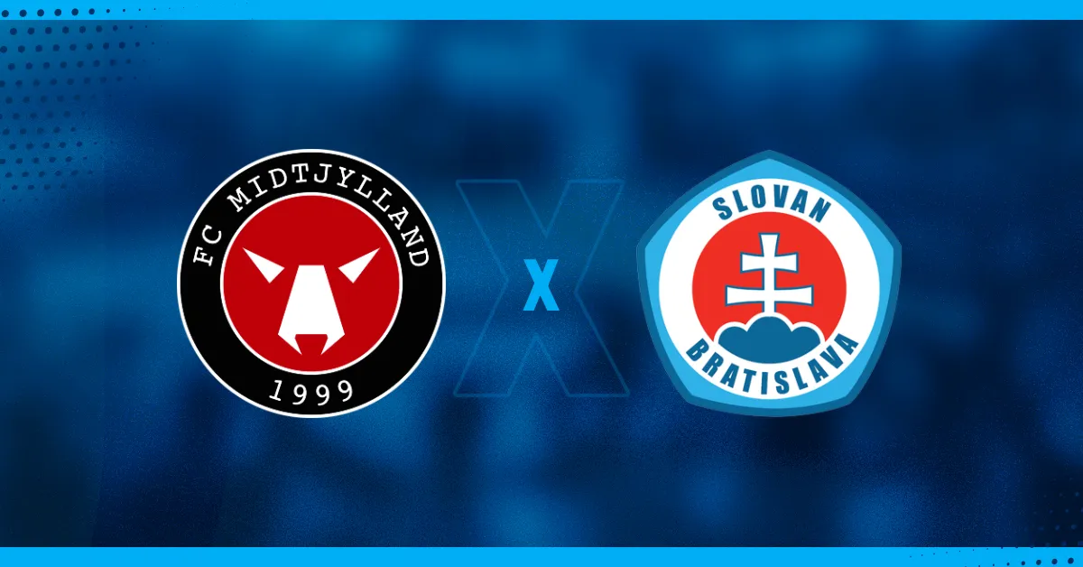 Escudos do Midtjylland e Slovan Bratislava que jogam pelo mata-mata da Champions League.