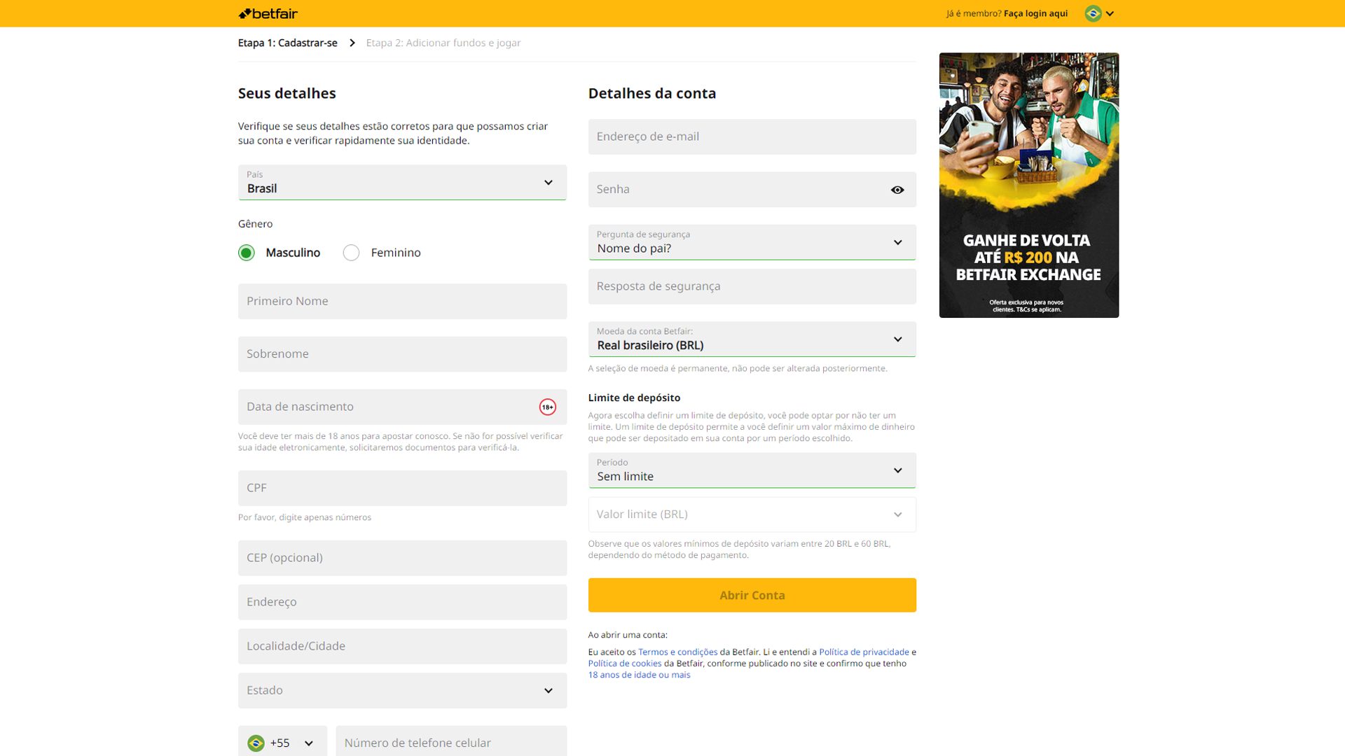 Screenshot cadastro betfair