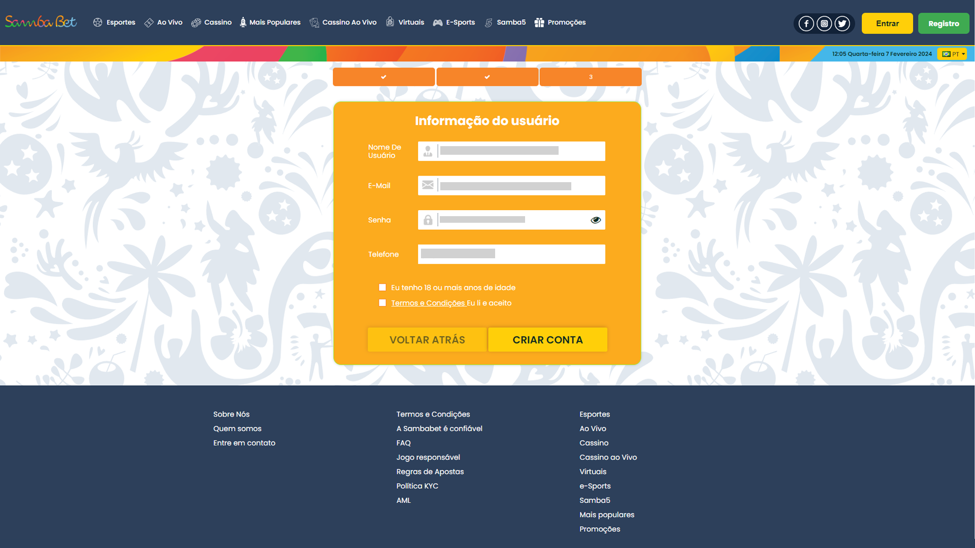 Screenshot cadastro sambabet