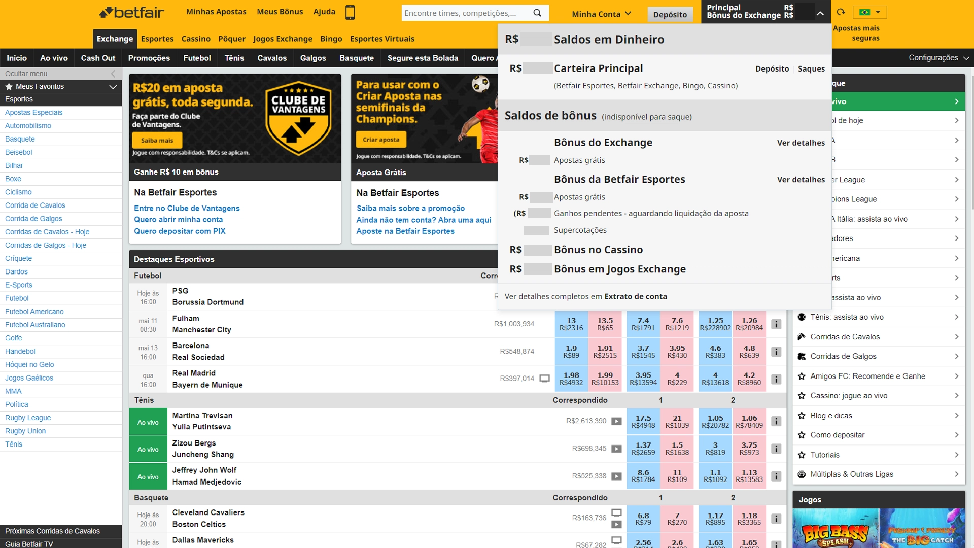 Screenshot saldo betfair