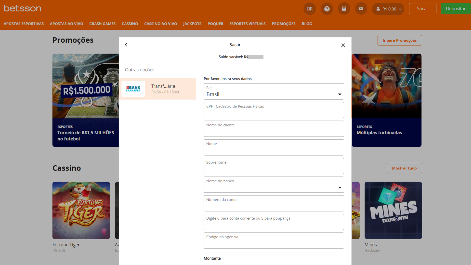 Screenshot saque saldo betsson