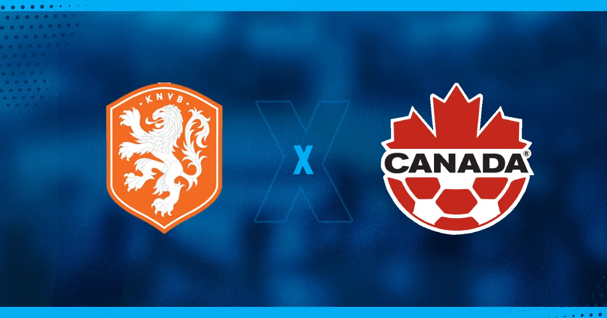 Escudos de Holanda e Canadá, que se enfrentam em amistoso.