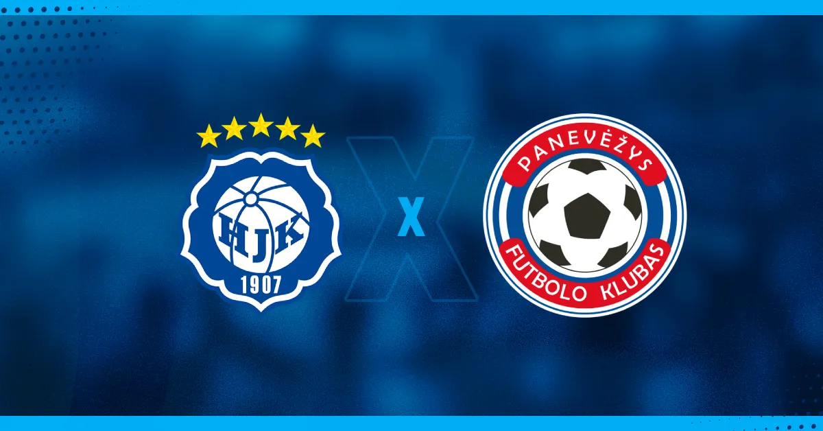 Escudos de HJK e Panevezys, que se enfrentam pela Liga dos Campeões.