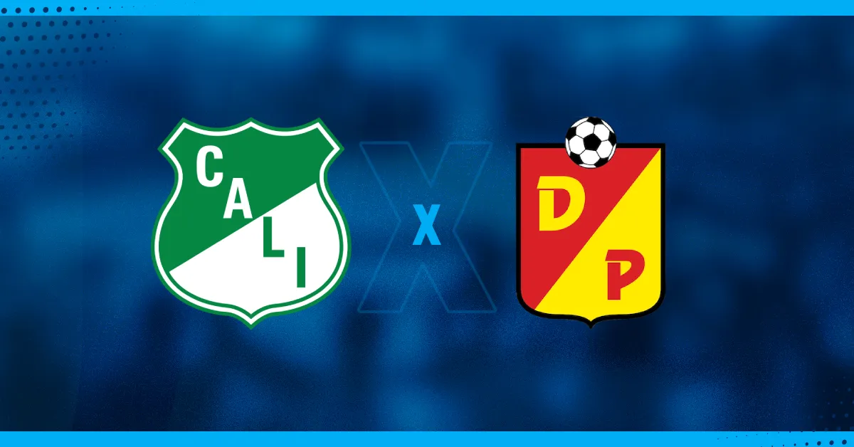 Escudos de Deportivo Cali e Deportivo Pereira, que se enfrentam pelo Campeonato Colombiano.