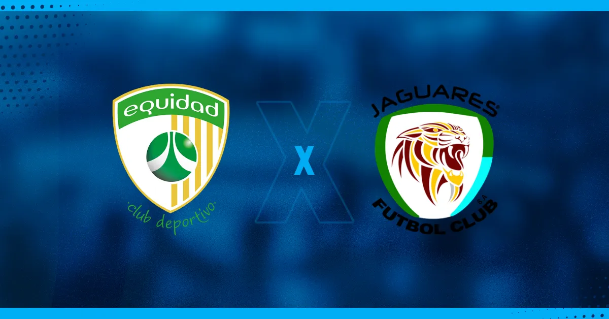 Escudos de La Equidad e Jaguares de Córdoba, que se enfrentam pelo Campeonato Colombiano.