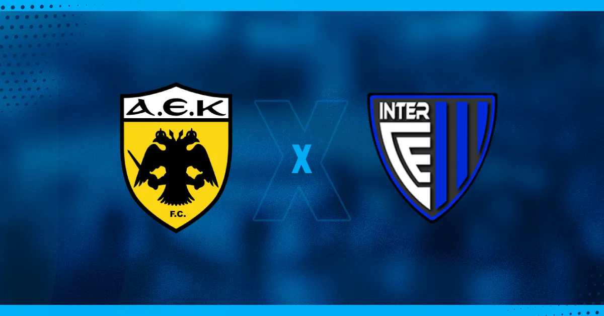 Escudos de AEK e Inter Escaldes, que se enfrentam pela Liga Conferência.