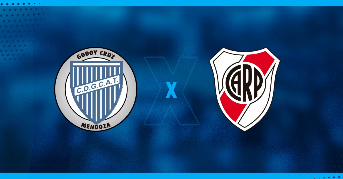 Escudos de Godoy Cruz e River Plate, que se enfrentam pelo Campeonato Argentino.