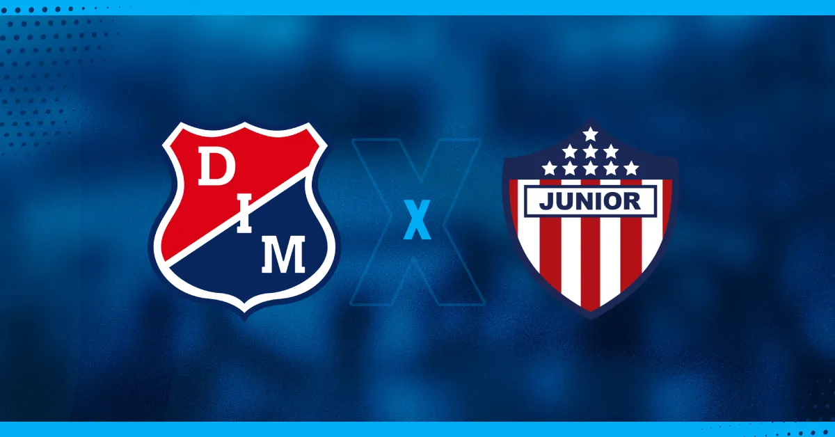 Escudos de Independiente Medellín e Junior, que se enfrentam pelo Campeonato Colombiano.