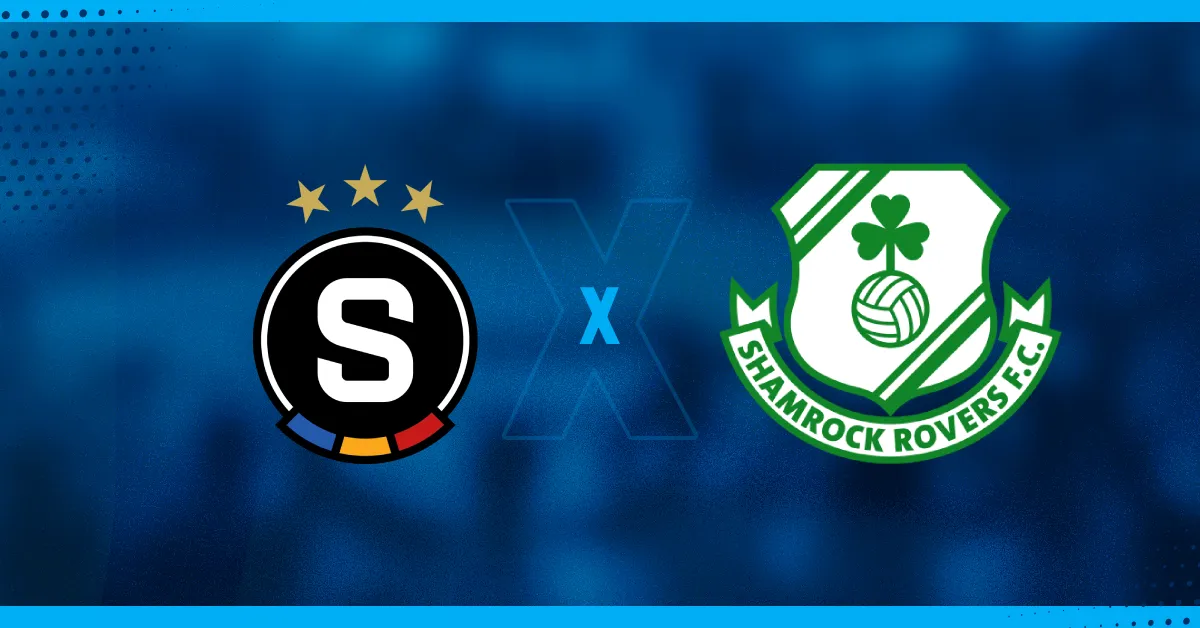 Escudos de Sparta Praga e Shamrock Rovers, que se enfrentam pela Liga dos Campeões.