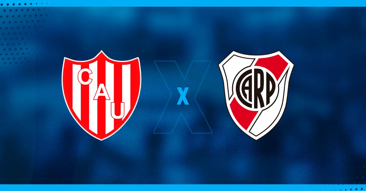 Escudos de Unión de Santa Fe e River Plate, que se enfrentam pelo Campeonato Argentino.