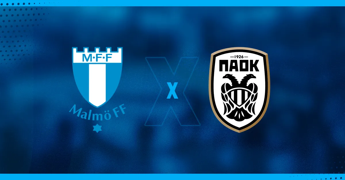 Escudos de Malmö e PAOK, que se enfrentam pela Champions League.