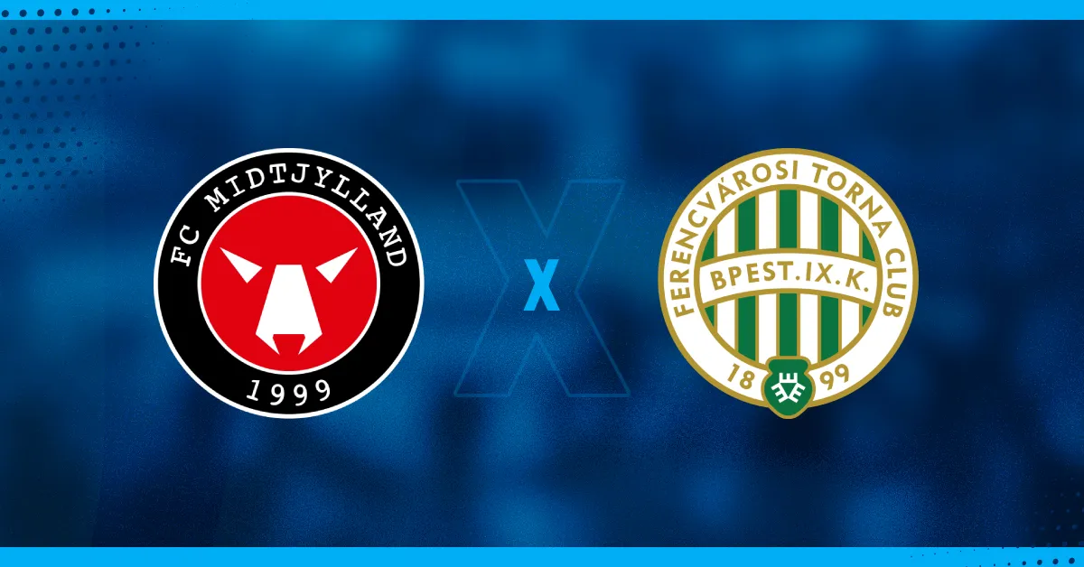 Escudos de Midtjylland e Ferencváros, que se enfrentam pela Champions League.