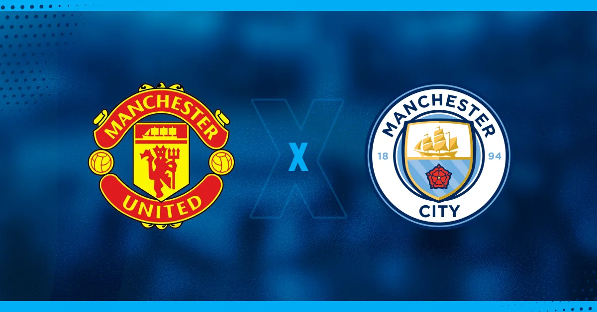 Escudos de Manchester United e Manchester City, que se enfrentam pela Supercopa Inglesa.