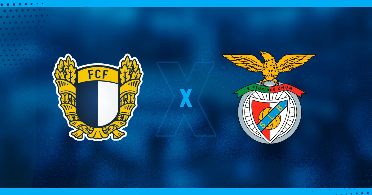 Escudos do Famalicão e do Benfica, que se enfrentam pela Liga Portugal.