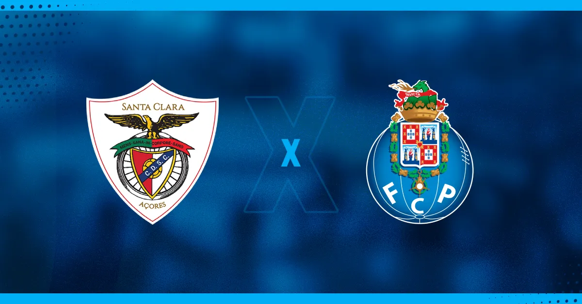 Escudos do Santa Clara e do Porto, que se enfrentam pela Liga Portugal.