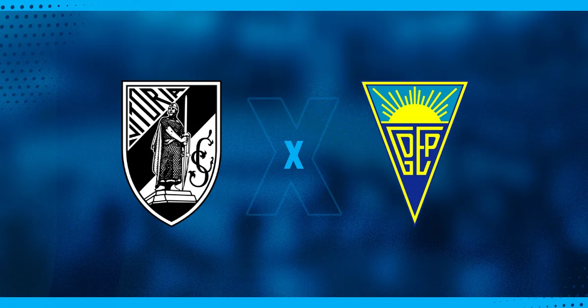 Escudos de Vitória e Estoril, que se enfrentam pela Liga Portugal.