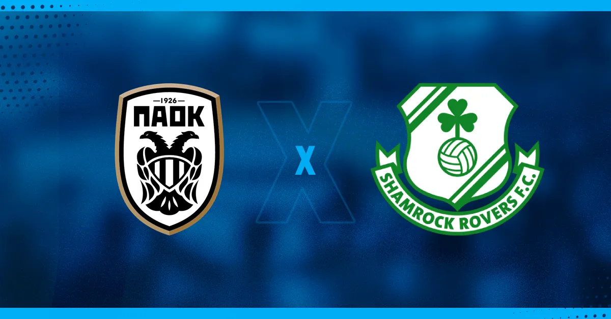 Escudos de PAOK e Shamrock Rovers, que se enfrentam pela Liga Europa.