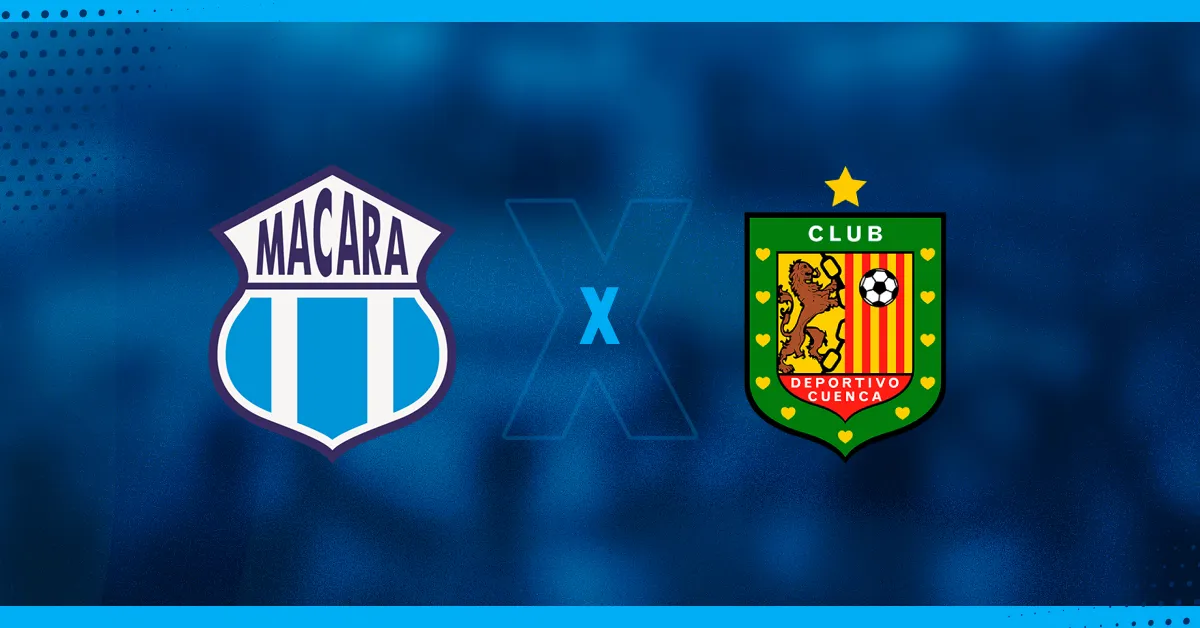 Escudos de Macará e Deportivo Cuenca, que se enfrentam pelo Campeonato Equatoriano.