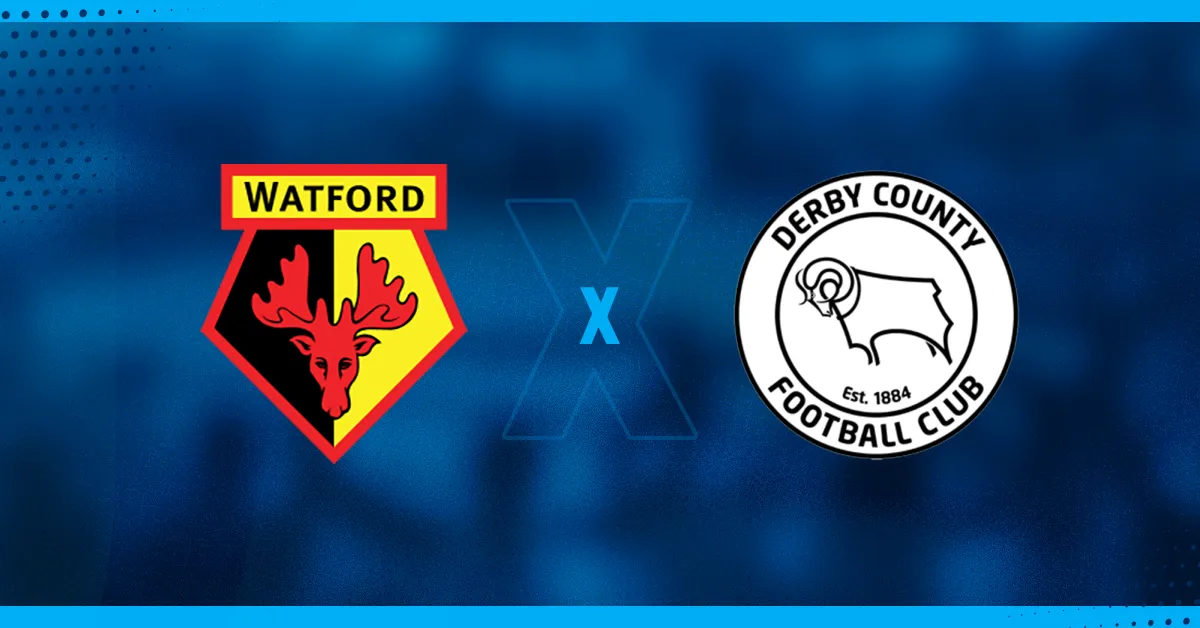 Escudos de Watford e Derby, que se enfrentam pela EFL Championship.