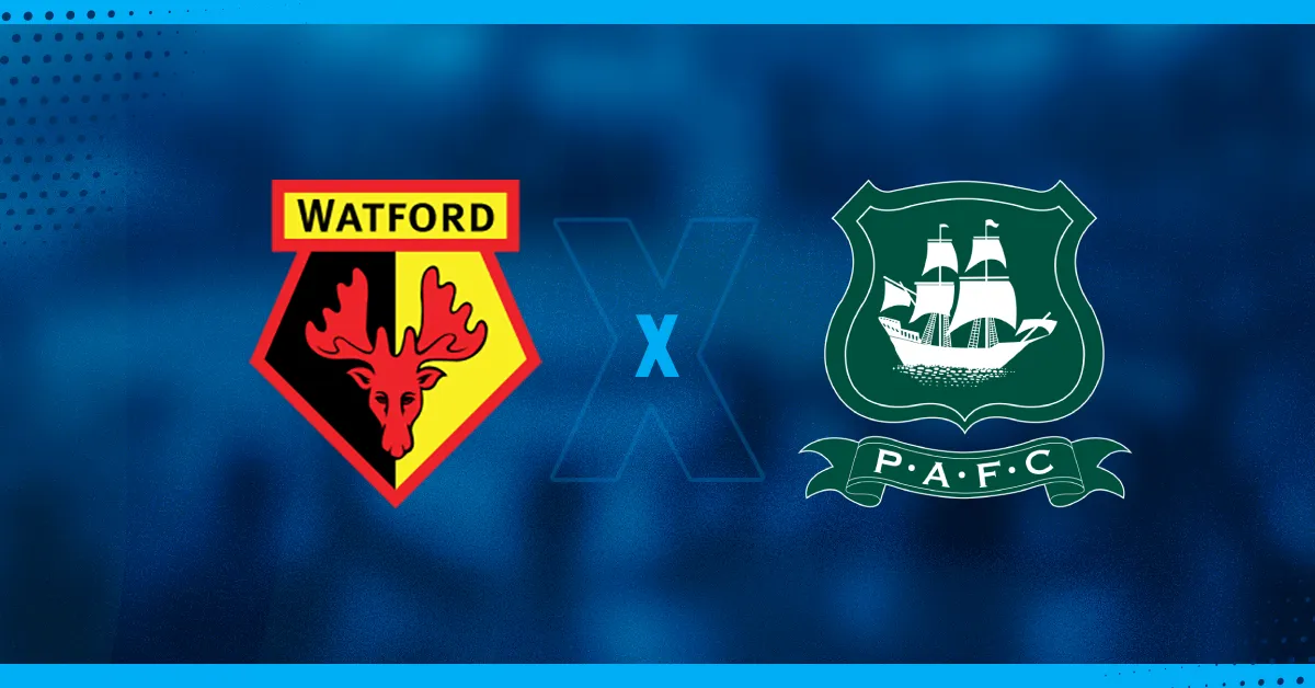 Escudos de Watford e Plymouth, que se enfrentam pela Copa da Liga Inglesa.