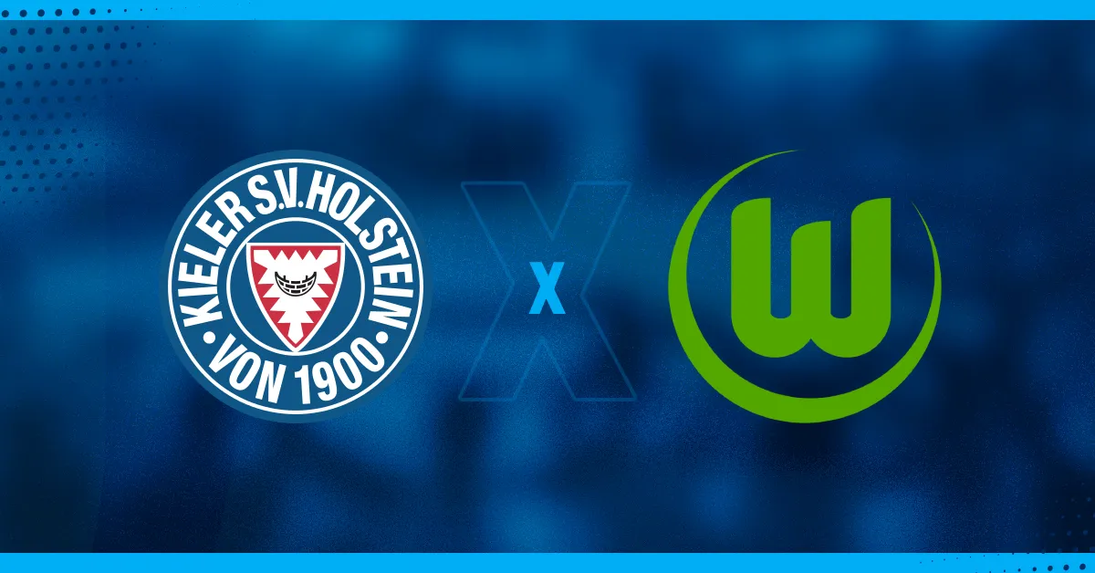 Escudos de Kiel e Wolfsburg, que se enfrentam pela Bundesliga.