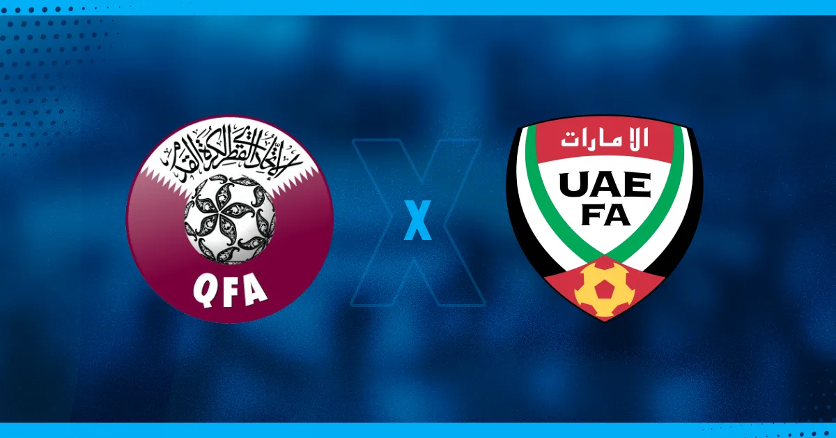 Escudos de Qatar e Emirados Árabes Unidos, que se enfrentam pelas Eliminatórias da Copa do Mundo.