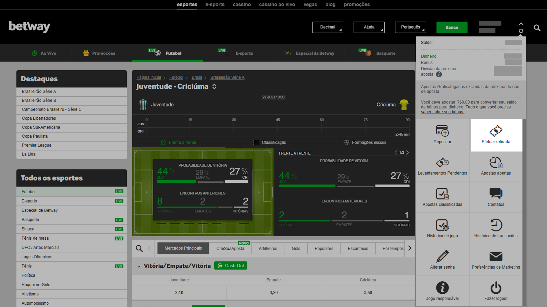 captura de tela solicitar saque betway