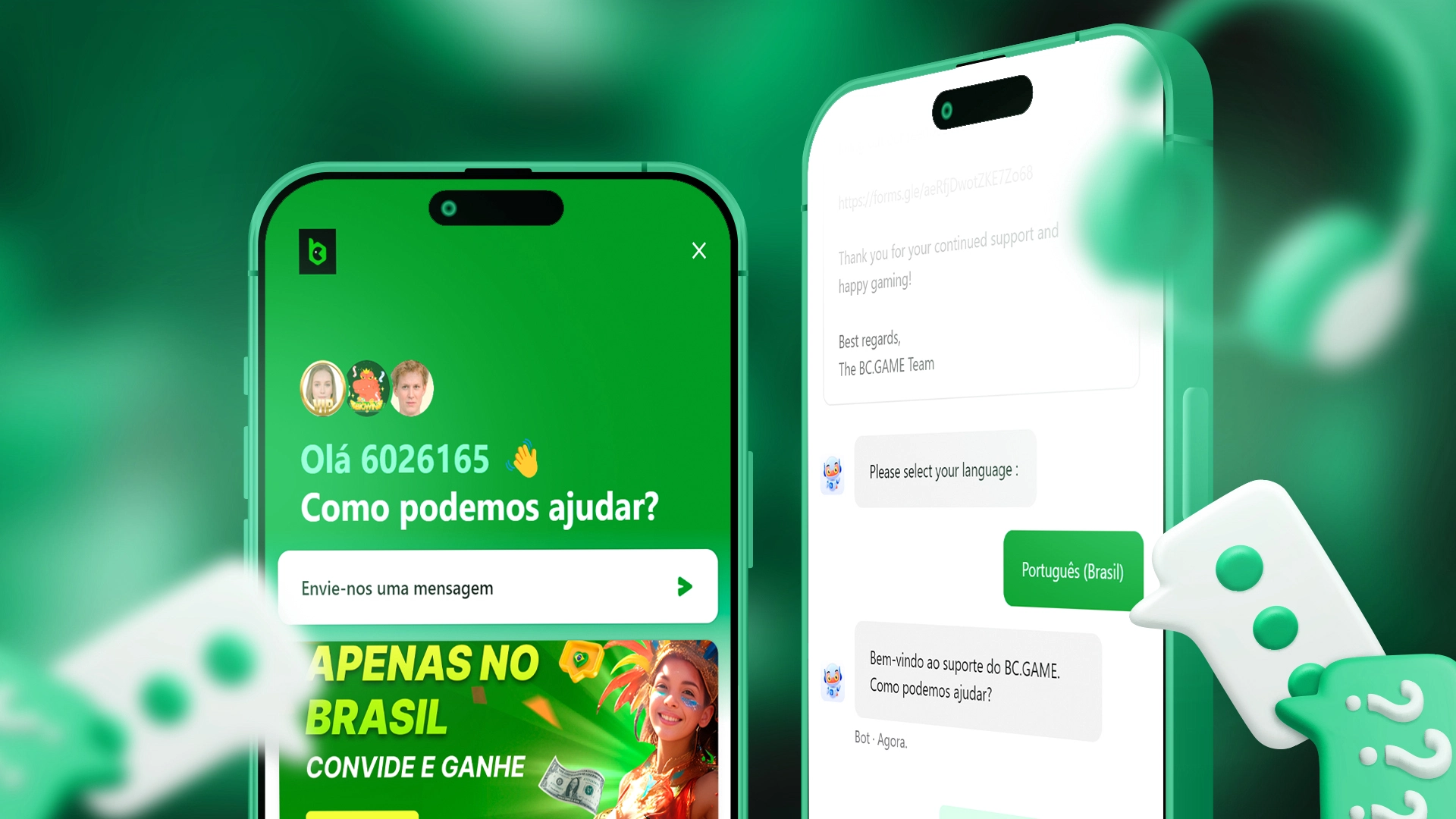 Imagem mostra celulares abertos na página de chat da BC Game