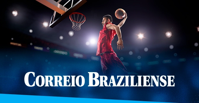 Imagem mostra jogador de basquete saltando para fazer cesta. Abaixo, a logomarca do Correio Braziliense.