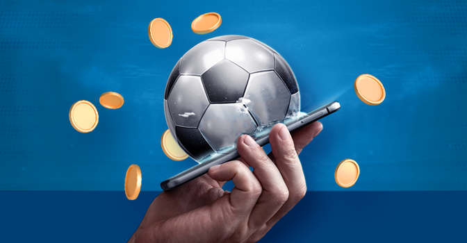 Imagem mostra uma bola de futebol e moedas saindo de um smartphone