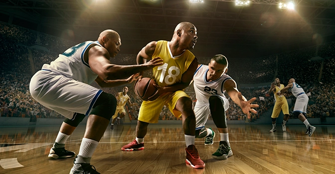 Imagem mostra uma partida de basquete