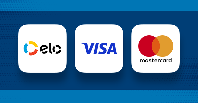 Imagem mostra logomarcas da Elo, Visa e MasterCard