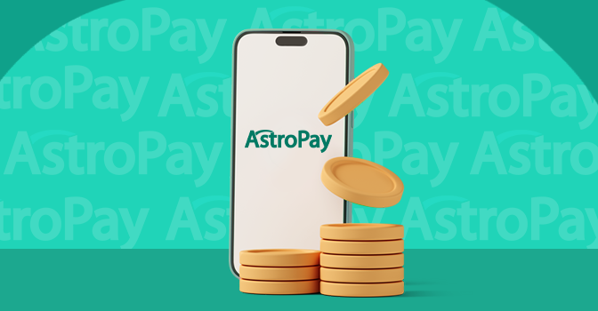 Imagem mostra uma moedas à frente de um smartphone aberto na Astropay