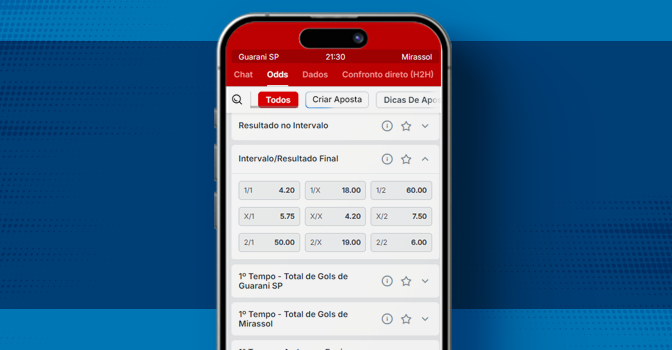 Imagem mostra celular aberto na página de apostas no mercado intervalo/final