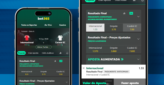 Imagem mostra celulares abertos na página de apostas da Bet365