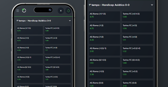 Imagem mostra celulares abertos na página do mercado handicap asiático 0-0 no primeiro tempo da Sportsbet io