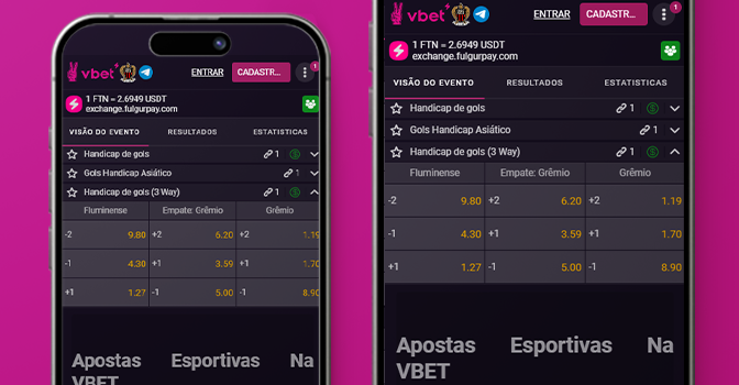 Imagem mostra celulares abertos na página do mercado handicap 3-way da VBET