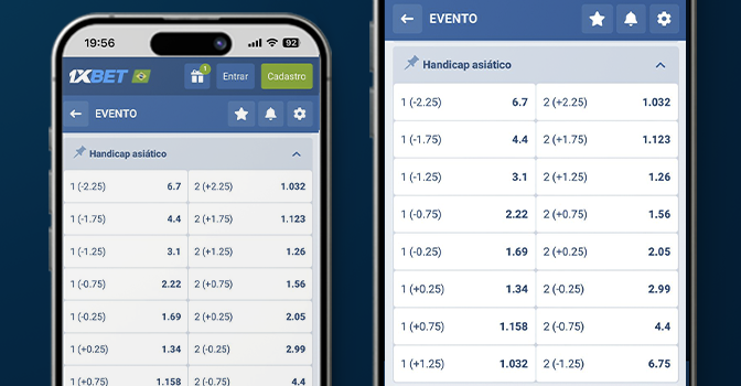 Imagem mostra celulares abertos na página de handicap asiático na 1xBet