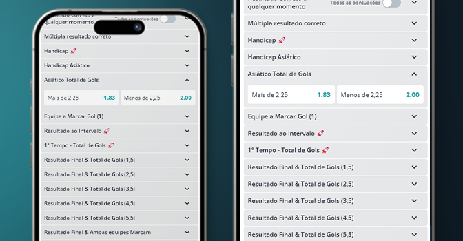 Imagem mostra celulares abertos na página de handicap asiático e total de gols na Novibet