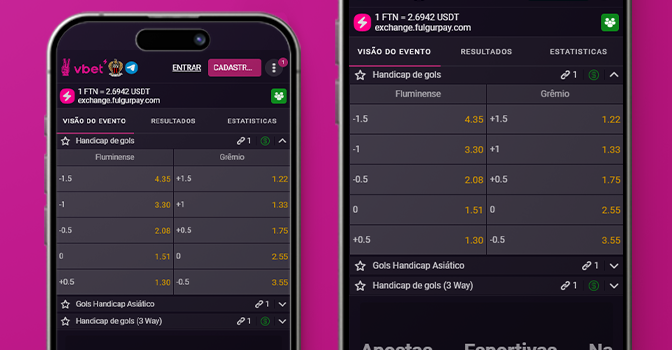Imagem mostra celulares abertos na página do mercado handicap de gols da VBET