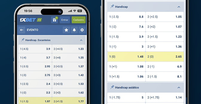 Imagem mostra celulares abertos na página de handicap asiático e resultados na 1xBet