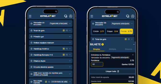 Imagem mostra smartphones abertos na página de apostas da Estrela Bet