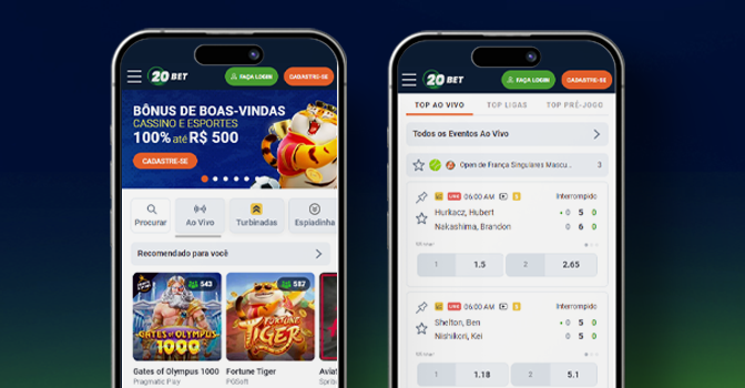 Imagem mostra smartphones abertos no app da 20 Bet