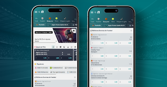 Imagem mostra smartphones abertos na página principal do app da Novibet