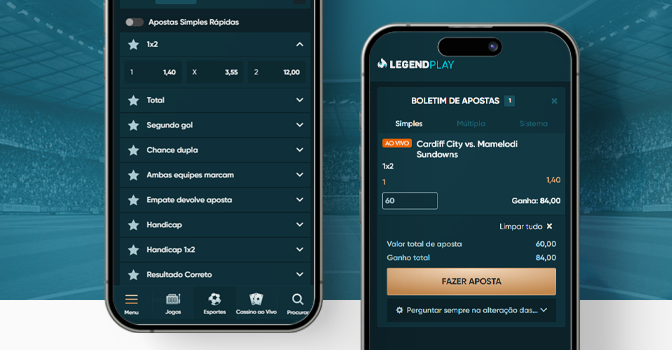 Imagem mostra smartphones abertos na página de apostas da LegendPlay