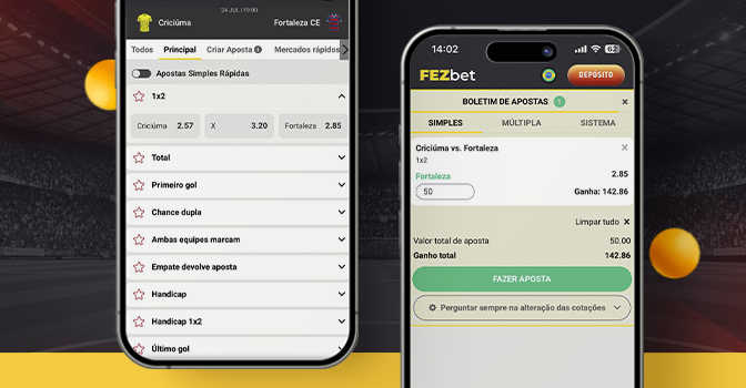 Imagem mostra smartphones abertos na página de apostas da FezBet