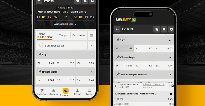 Imagem mostra smartphones abertos na página de apostas da Melbet