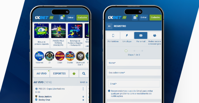 Imagem mostra dois celulares abertos na página de cadastro da 1xbet